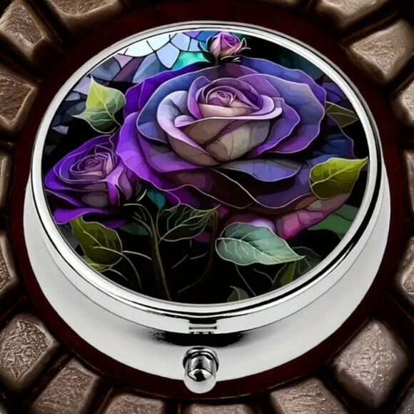 Exotic Purple Rose Pill Box Medicine Mini Steel Case Mirrored Travel Purse Size - Picture 1 of 7